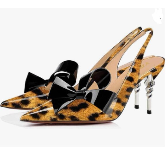 YDN Brown Leopard Pointed Toe Slingback Slip on Stiletto Heels Bow Dress Pumps - Picture 1 of 8